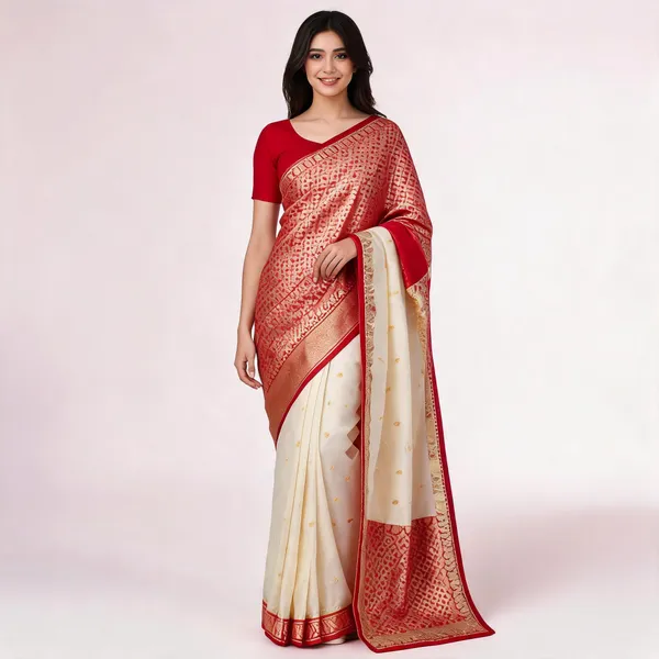 White_Red_Semi_Silk_Kanjivaram_Saree_For_Women