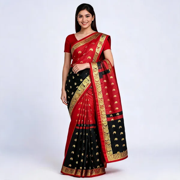 Red_And_Black_Semi_Silk_Gold_Zari_Kanjivaram_Saree_For_Women