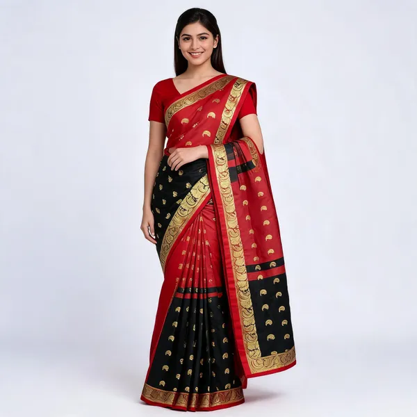 Red_And_Black_Semi_Silk_Gold_Zari_Kanjivaram_Saree_For_Women