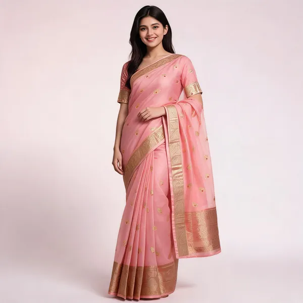 Peach_Pure_Silk_Handwoven_Organza_Kora_Meenakari_Saree_For_Women