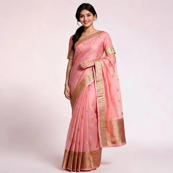 Peach_Pure_Silk_Handwoven_Organza_Kora_Meenakari_Saree_For_Women