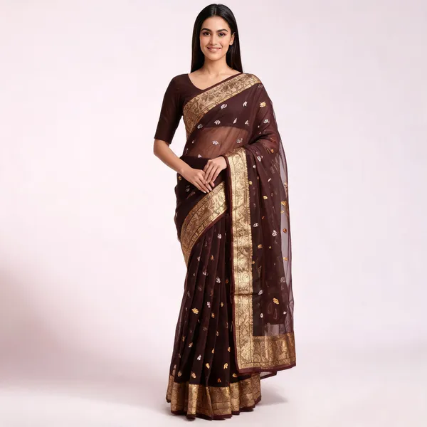 Brown_Pure_Silk_Handwoven_Organza_Kora_Saree_For_Women