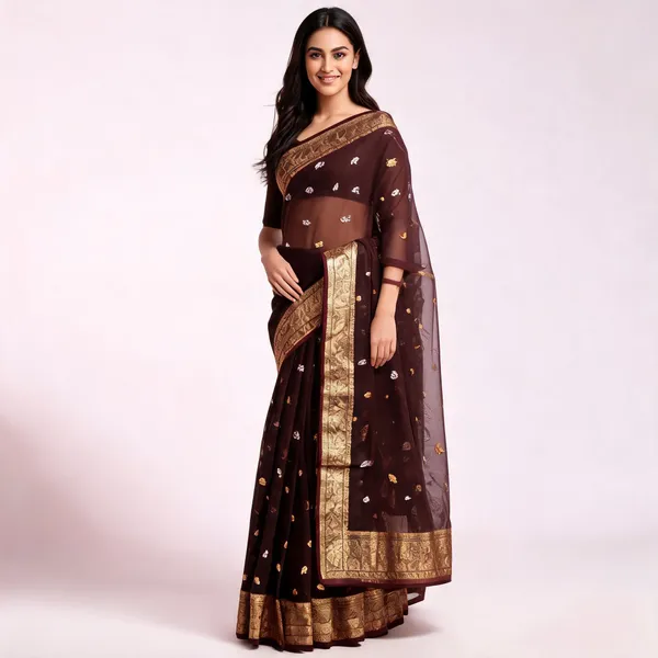 Brown_Pure_Silk_Handwoven_Organza_Kora_Saree_For_Women