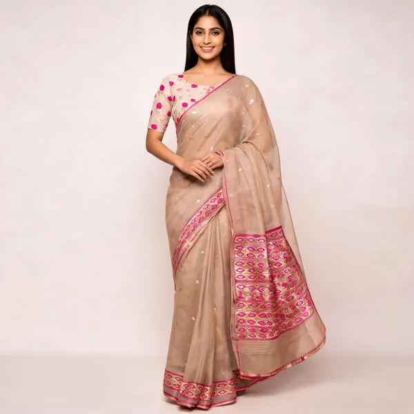 Beige_Pure_Silk_Handwoven_Organza_Kora_Suit_For_Women