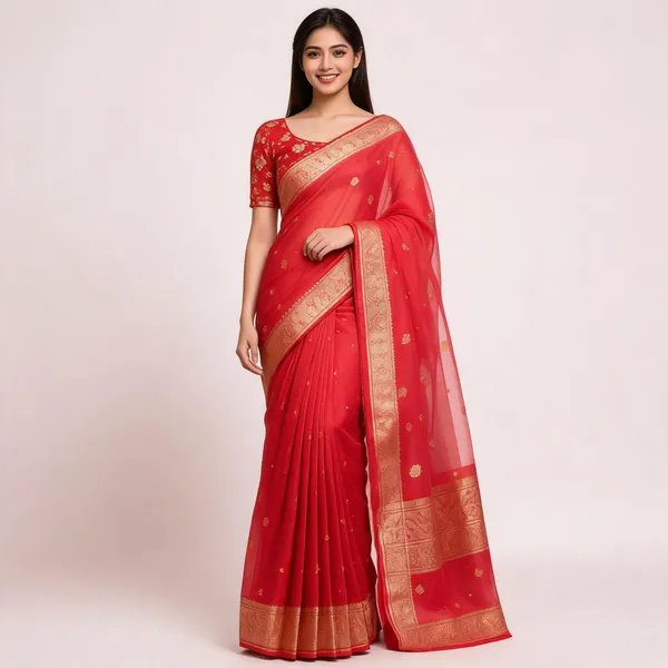 Red_Pure_Silk_Handwoven_Organza_Linen_Saree_For_Women
