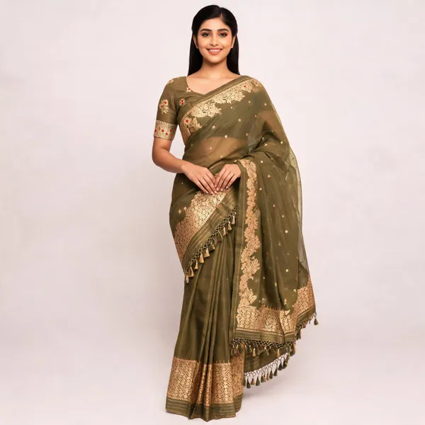 Green_Pure_Silk_Handwoven_Organza_Linen_Saree_For_Women
