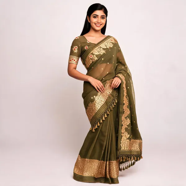 Green_Pure_Silk_Handwoven_Organza_Linen_Saree_For_Women