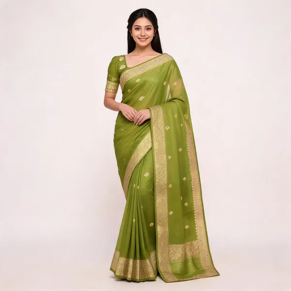 Green_Pure_Silk_Handwoven_Organza_Linen_Saree_For_Women