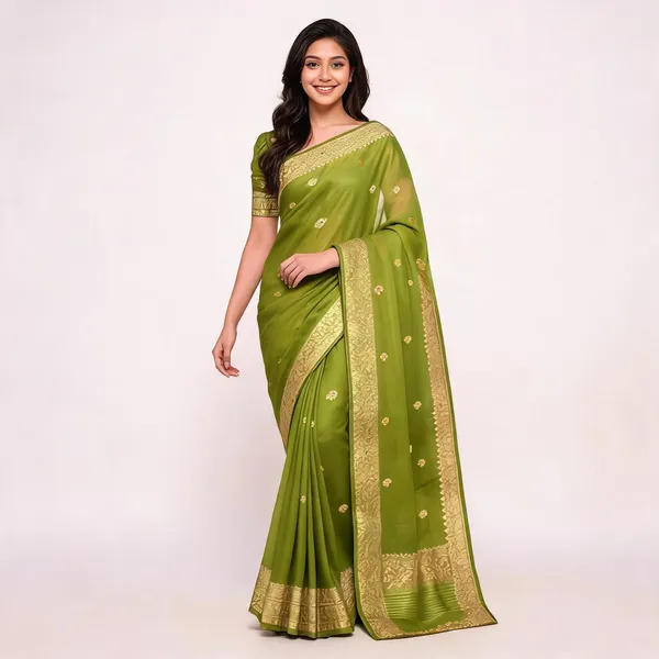 Green_Pure_Silk_Handwoven_Organza_Linen_Saree_For_Women