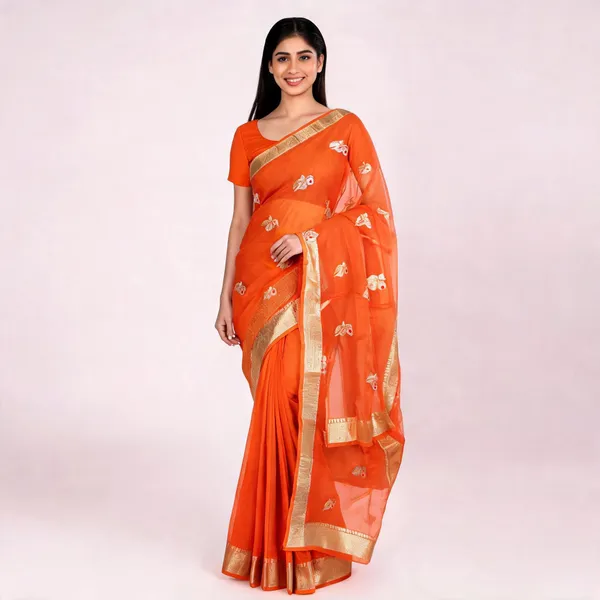 Orange_Pure_Silk_Handwoven_Organza_Kora_Meenakari_Saree_For_Women