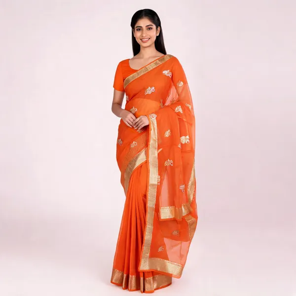 Orange_Pure_Silk_Handwoven_Organza_Kora_Meenakari_Saree_For_Women