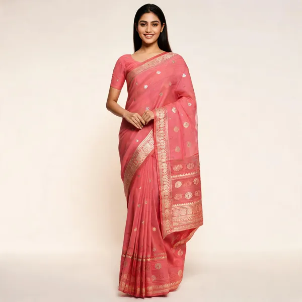 Pink_Pure_Silk_Handwoven_Organza_Linen_Suit_For_Women