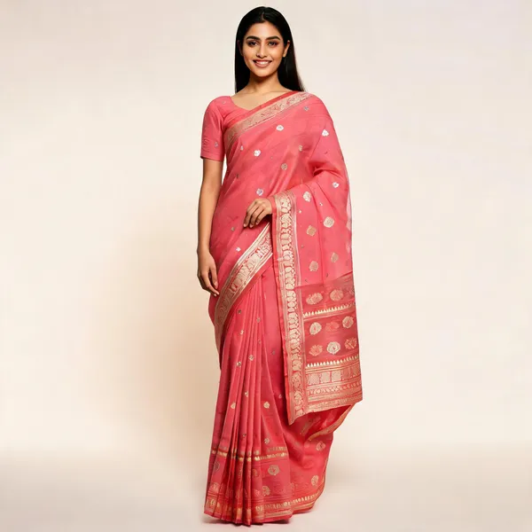 Pink_Pure_Silk_Handwoven_Organza_Linen_Suit_For_Women