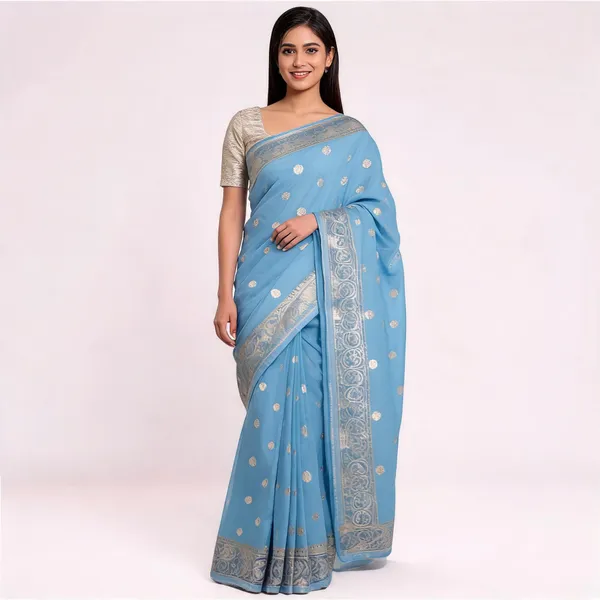 Sky_Blue_Pure_Silk_Handwoven_Organza_Linen_Saree_For_Women