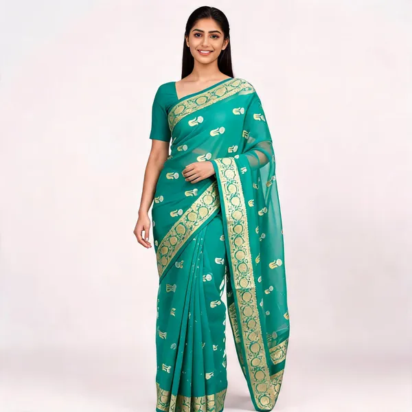 Green_Pure_Silk_Handwoven_Organza_Kora_Rekha_Boota_Saree_For_Women