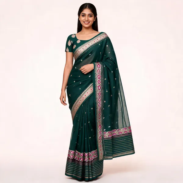 Dark_Green_Pure_Silk_Handwoven_Organza_Kora_Suit_For_Women