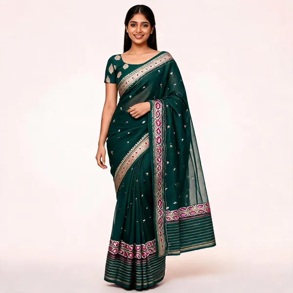 Dark_Green_Pure_Silk_Handwoven_Organza_Kora_Suit_For_Women