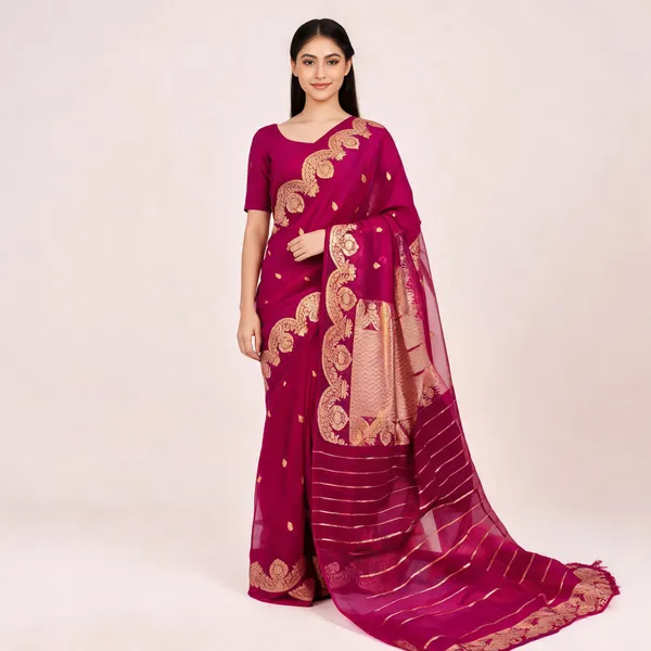 Dark_Pink_Pure_Silk_Handwoven_Organza_Kora_Saree_For_Women