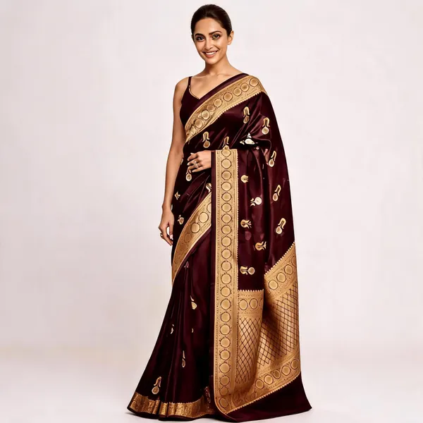 Brown_Pure_Silk_Handwoven_Organza_Kora_Rekha_Boota_Saree_For_Women