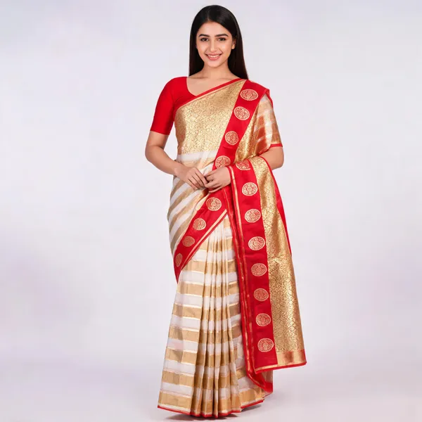 White_And_Red_Pure_Silk_Handwoven_Kora_Tissue_Katan_Border_Saree_For_Women