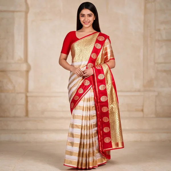 White_And_Red_Pure_Silk_Handwoven_Kora_Tissue_Katan_Border_Saree_For_Women
