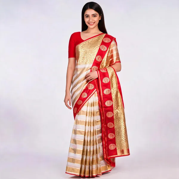 White_And_Red_Pure_Silk_Handwoven_Kora_Tissue_Katan_Border_Saree_For_Women