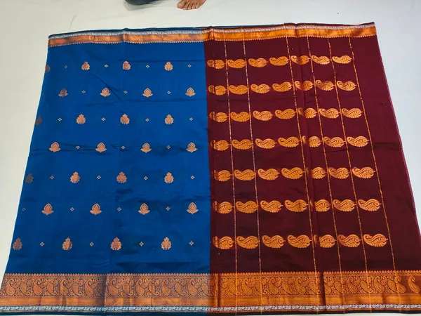 Blue_Maroon_Semi_Silk_Gold_Buti_Saree_For_Women