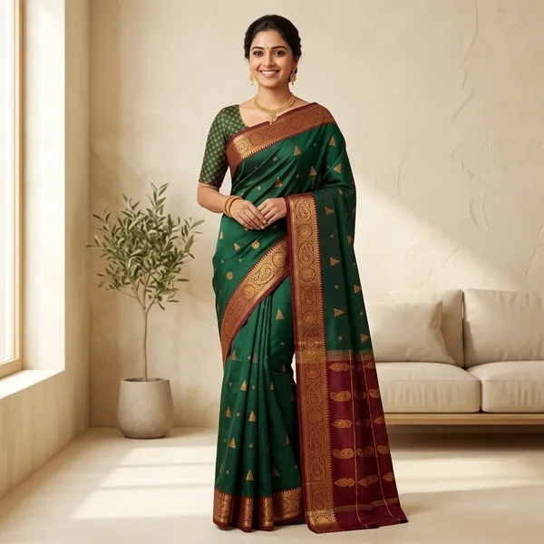 Green_Maroon_Semi_Silk_Tulip_Motif_Saree_For_Women