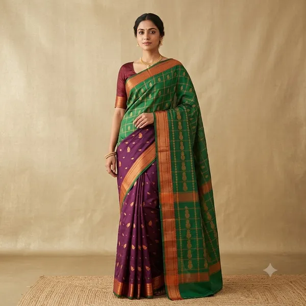 Purple_Green_Semi_Silk_Zari_Border_Saree_For_Women