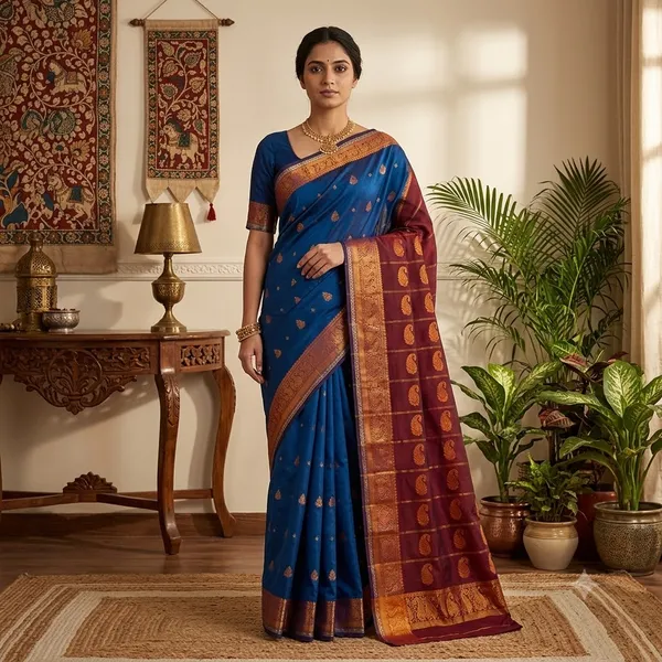 Blue_Maroon_Semi_Silk_Gold_Buti_Saree_For_Women