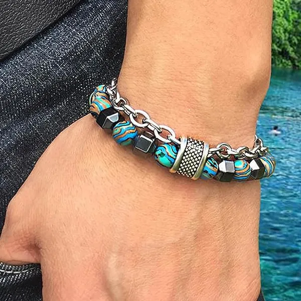Silver_Stainless_Steel,Acrylic_Plastic_Beads_Bracelet