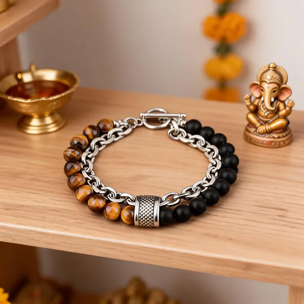 Brown_And_Black_Stainless_Steel,Acrylic_Plastic_Tiger_Eye_Bracelet
