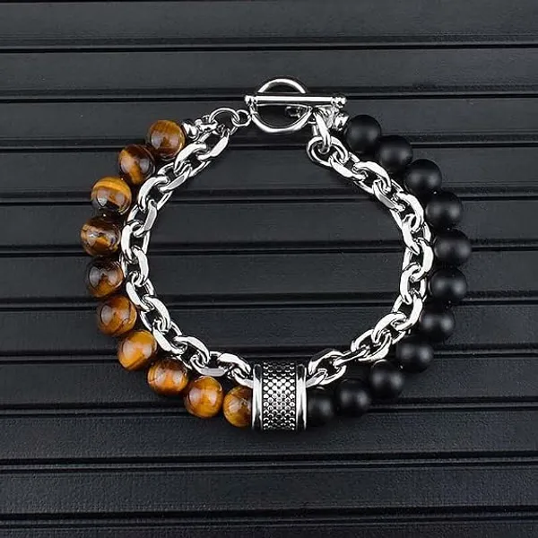 Brown_And_Black_Stainless_Steel,Acrylic_Plastic_Tiger_Eye_Bracelet