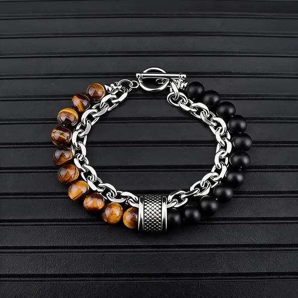 Brown_And_Black_Stainless_Steel,Acrylic_Plastic_Tiger_Eye_Bracelet