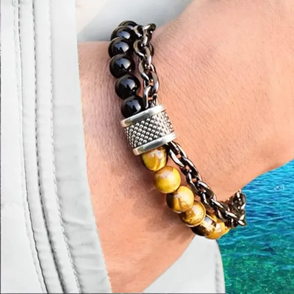 Brown_And_Black_Stainless_Steel,Acrylic_Plastic_Tiger_Eye_Bracelet