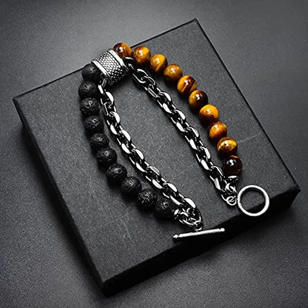 Brown_And_Black_Stainless_Steel,Acrylic_Plastic_Tiger_Eye_Bracelet
