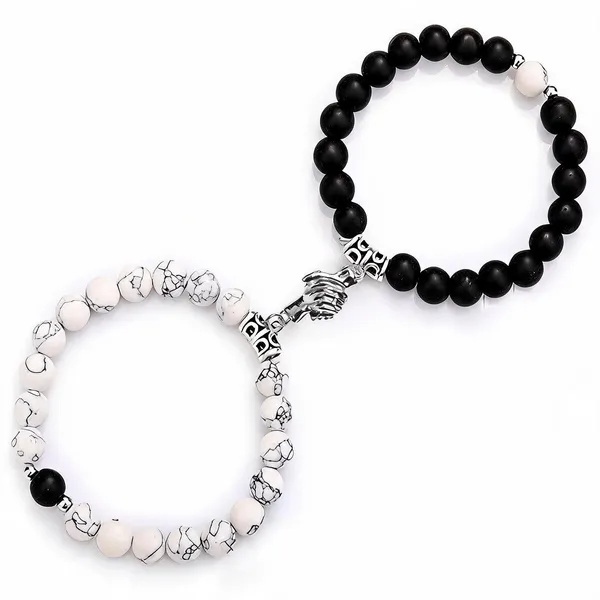 White_Black_Stainless_Steel,Acrylic_Plastic_Heart_Couple_Bracelet_Set
