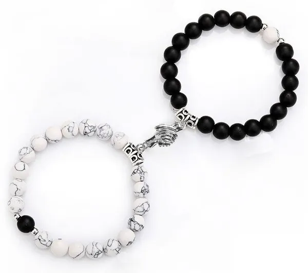 White_Black_Stainless_Steel,Acrylic_Plastic_Heart_Couple_Bracelet_Set