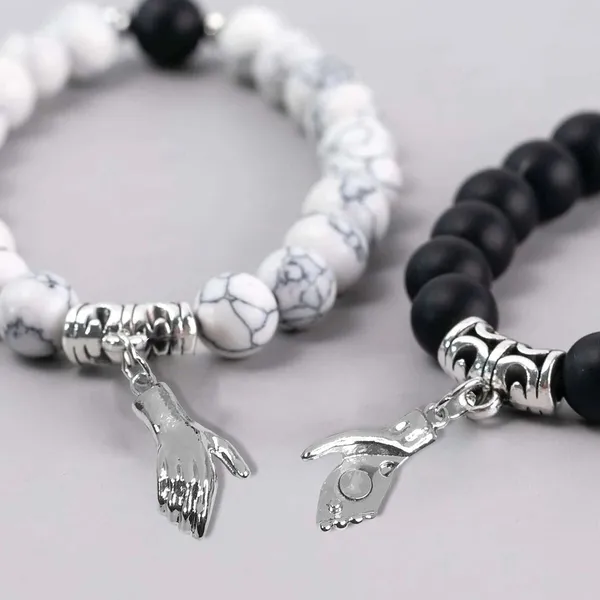 White_Black_Stainless_Steel,Acrylic_Plastic_Heart_Couple_Bracelet_Set