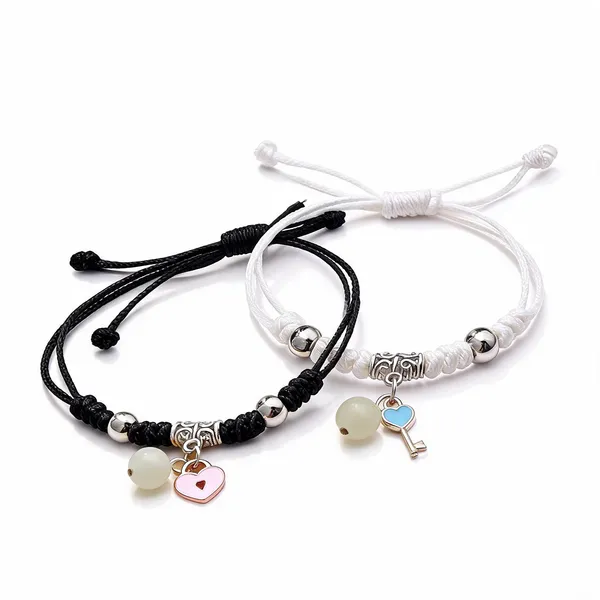 White_Black_Stainless_Steel,Acrylic_Plastic_Lock_And_Key_Couple_Bracelet_Set