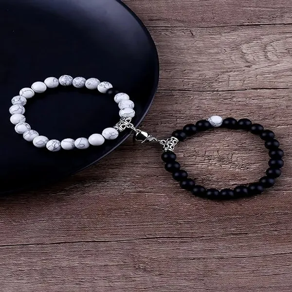 Black_And_White_Stainless_Steel,Acrylic_Plastic_Couple_Bracelet_Set