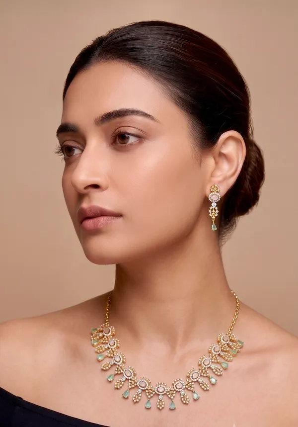 Gold_Tone_Micro_Plated_Green_Cz_Stone_Necklace_Set_With_Earrings_For_Women
