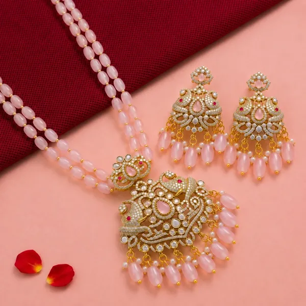 Gold_Tone_Pink_Stone_Mehandi_Polish_Cz_Necklace_Set_With_Earrings_For_Women