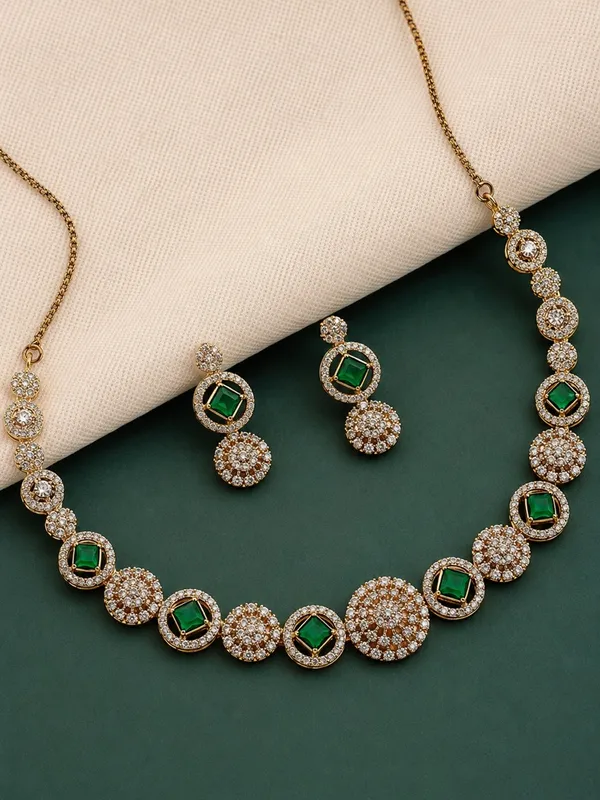 Gold_Tone_Green_Stone_Gj_Polish_Cz_Necklace_Set_With_Earrings_For_Women