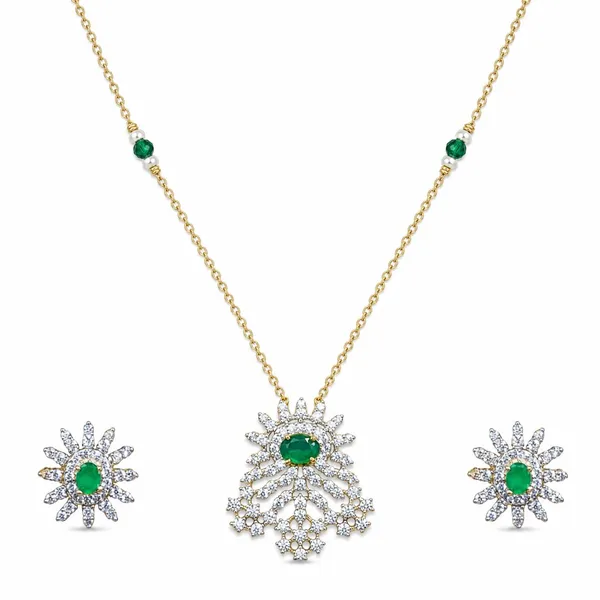 Gold_Tone_Gj_Polish_Cz_Green_Stone_Floral_Mangalsutra_With_Earrings_For_Women