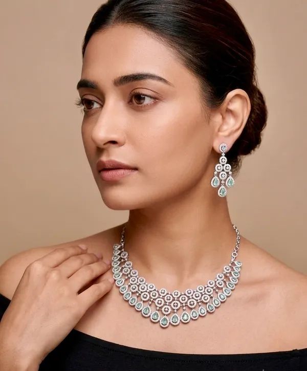 Silver_Tone_Gj_Polish_Cz_Teardrop_Necklace_Set_With_Earrings_For_Women