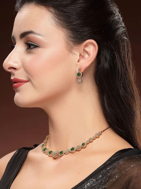 Gold_Tone_Green_Stone_Gj_Polish_Cz_Necklace_Set_With_Earrings_For_Women