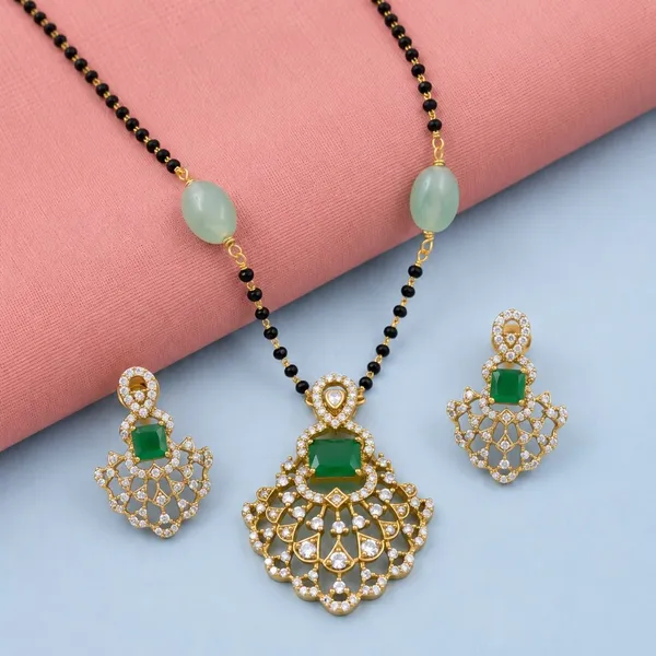 Gold_Tone_Green_Stone_Gj_Polish_Cz_Traditional_Mangalsutra_With_Earrings_For_Women