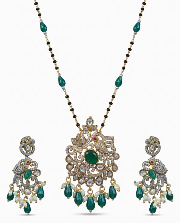 Gold_Tone_Green_Stone_Polish_Cz_Peacock_Mangalsutra_Set_For_Women
