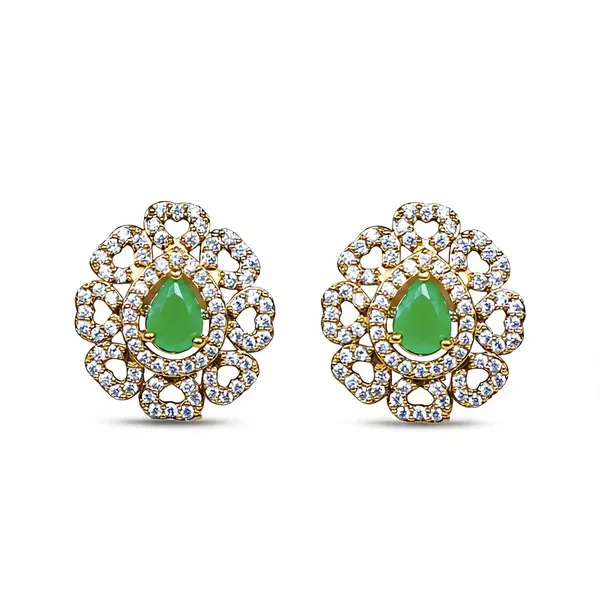 Gold_Tone_Gj_Polish_Cz_Green_Stone_Floral_Stud_Earrings_For_Women_-_Pack_Of_2